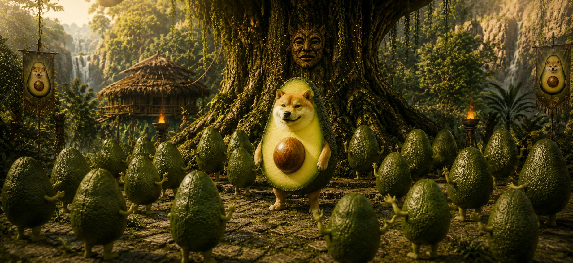 The majestic Avocadog standing before the great jungle tree, surrounded by its avocado tribe